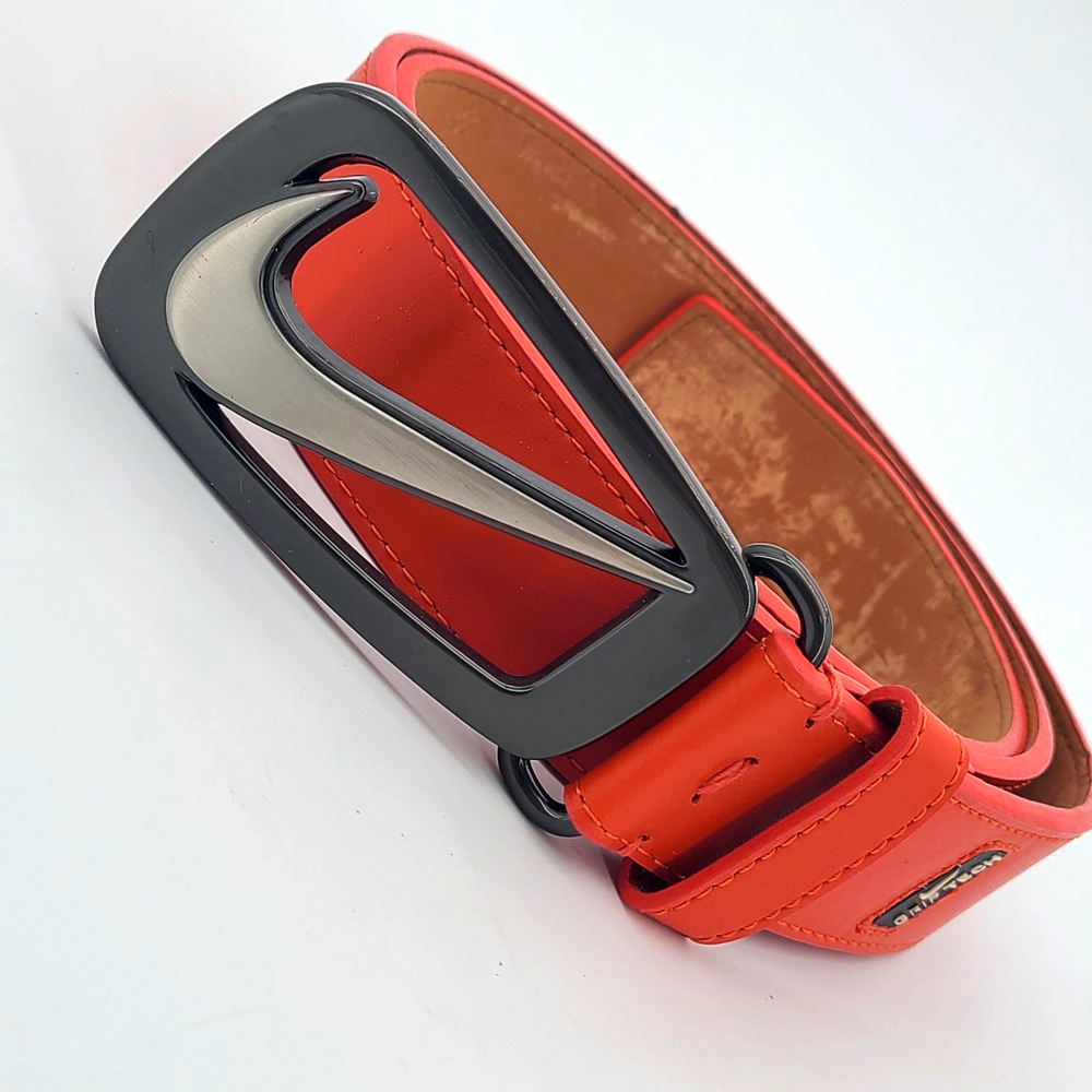 Nike‎ Golf Modern Genuine Leather Belt Men 42 Grip Tech Big Swoosh Buckle Orange